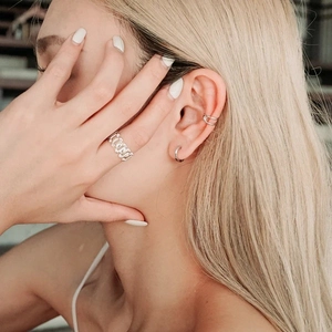 Adjustable S925 sterling silver square ring and minimalist ear cuff set on model