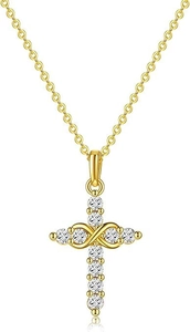 Detail of gold infinity cross pendant necklace with sparkling cubic zirconia crystals