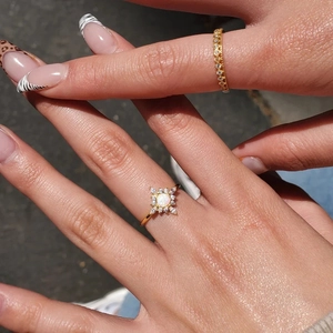 S925 sterling silver gold-plated ring set with sunburst opal and cubic zirconia stones