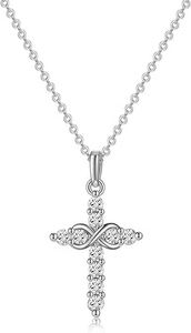 Close-up of S925 sterling silver infinity cross necklace with shimmering zircon stones