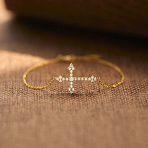 Bracelet Croix en Argent Sterling 925 pour Femme Plaquage Or Chaîne avec Zirconia Bijoux Géométriques