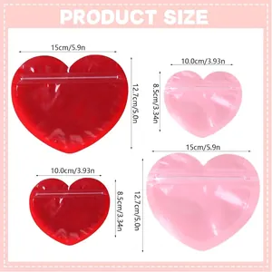 PVC heart jewelry pouch product size chart in pink and red with 15cm and 10cm width options