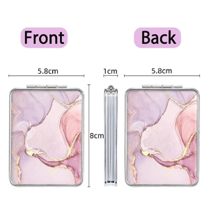 Portable mini folding makeup mirror with purple marble texture design and compact metal frame