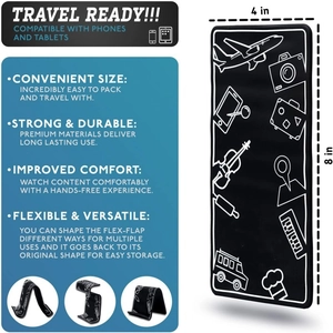 Flex-Flap 4x8 inch black leather foldable phone and tablet stand with travel icons