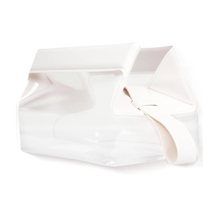 Minimalist creamy white semi-transparent PVC makeup bag with magnetic closure and handle