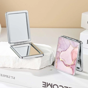 Portable mini makeup mirror with double-sided folding design and marble texture