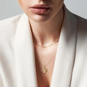S925 sterling silver mountain cross double layer necklace with gold finish on model