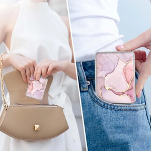 Portable double-sided magnifying makeup mirror with stylish pink marble pattern