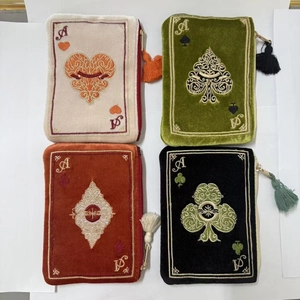 Handmade velvet poker card coin purses with embroidery and tassels in four colors