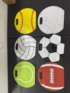 Detailed collection of six sports-themed plastic gift bags with oval handle cutouts
