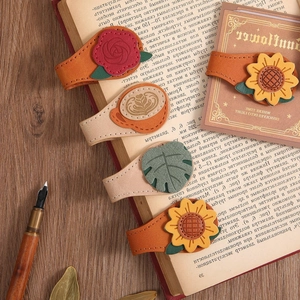 Vintage PU Leather Magnetic Bookmarks Sunflower Rose Monstera Leaf Pattern Page Marker For Women Readers Office Supplies