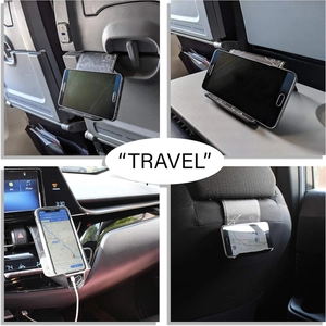 Universal foldable leather travel phone holder for airplane seatback and car headrest use