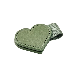 Sage green heart-shaped magnetic leather bookmark with elastic pen holder loop
