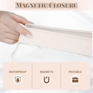 Waterproof PVC travel makeup bag with magnetic closure in beige for toiletries