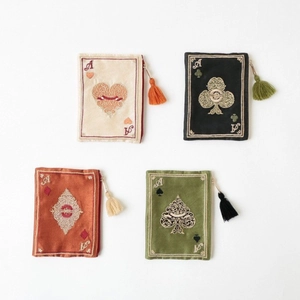 Japanese style hand-embroidered playing card coin purse set with tassel detail and zippers