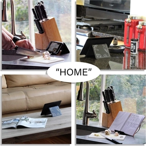 Foldable leather tablet and phone stand used for cooking, reading and office tasks