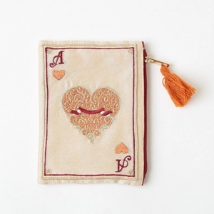 Handmade embroidered playing card Ace of Hearts makeup bag with stylish orange tassel