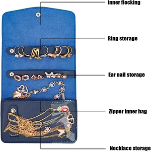 Foldable navy travel jewelry roll organizer with ring strips and earring holder