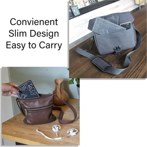 Slim portable travel stand with airplane icons shown fitting into various bags