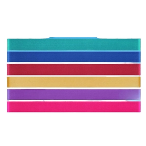 Set of six colorful elastic beach chair towel bands in blue, red, yellow and purple hues