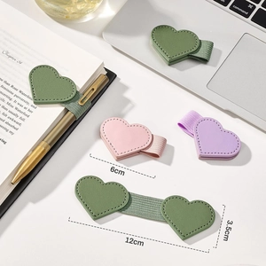 Magnetic leather heart bookmark with pen holder loop in Morandi colors for notebooks