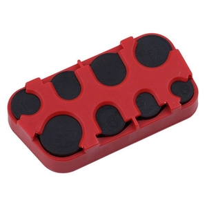 Top view of red plastic coin organizer with 8 slots showing embossed Euro denominations