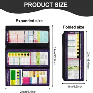 Three-fold nursing clipboard with detailed size specifications and medical reference charts