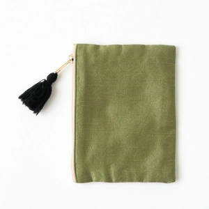 Olive green embroidered coin purse with black tassel and golden zipper detail
