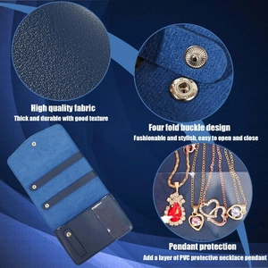 Foldable blue travel jewelry roll with textured fabric and PVC necklace protection compartments