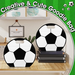 Close-up of soccer pattern gift bags with handles in two sizes for sports parties
