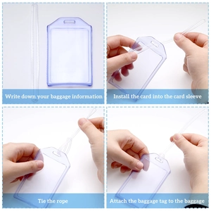 Waterproof purple PVC luggage tag with strap and four-step installation guide