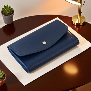 Detailed side view of dark blue leather jewelry organizer roll with silver snap closure