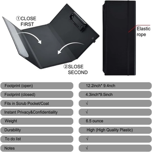 Three-fold black nursing clipboard made of durable plastic with elastic rope for scrub pockets