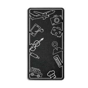 Foldable black leather travel phone stand with white icons and stitching on white background
