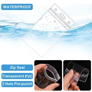 Waterproof clear PVC luggage tag and ID badge holder with secure zip seal and 3-hole punch