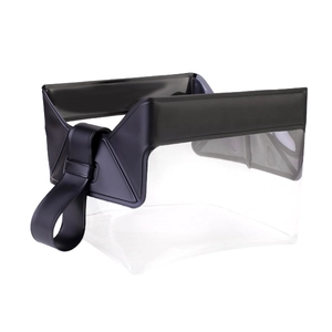 Macro shot of durable transparent PVC toiletry bag with black reinforced edges and handle