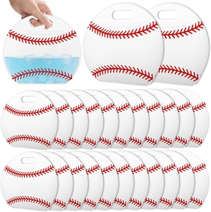 Detail showing hand holding baseball themed cooling ice bag with red stitch patterns