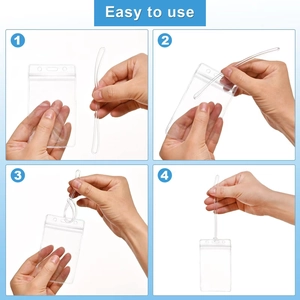 Waterproof clear PVC luggage tag and ID holder with secure loop strap, four-step guide