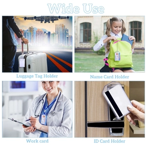 Detailed views of transparent PVC luggage tags used on suitcases and work ID badges