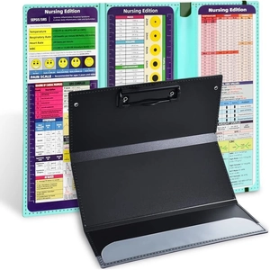 Detail view of foldable nursing clipboard with medical reference cheat sheets and metal clip