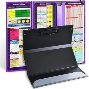 Detail of trifold nursing clipboard with medical reference charts and purple finish