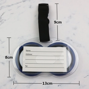 Blue and black PVC luggage tag with clear cover and adjustable nylon strap for travel