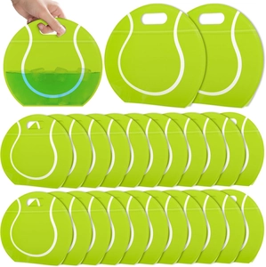 Detail of tennis ball themed stand-up drink pouches with portable handle and green liquid