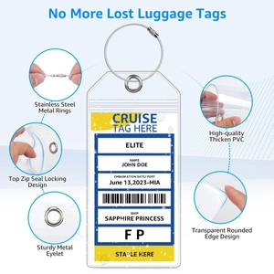 Vertical transparent PVC cruise luggage tag holder with a sturdy stainless steel wire loop