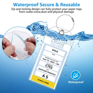 Waterproof clear PVC cruise luggage tags with secure steel loops and zip seal closures
