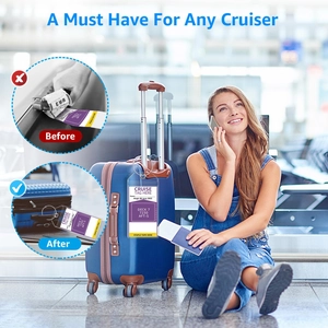 Waterproof clear PVC cruise luggage tag with steel loop shown in a before and after comparison