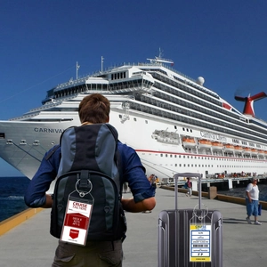 Vertical clear PVC cruise luggage tag with durable steel loop and waterproof seal