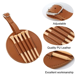 Brown PU leather golf tee holder with adjustable strap and four wooden tees on white background