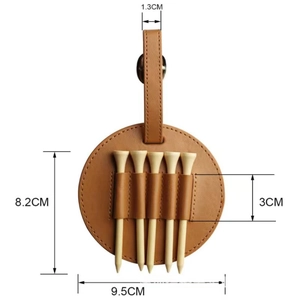 Detail view of a premium brown leather golf tee holder showing precise storage slots