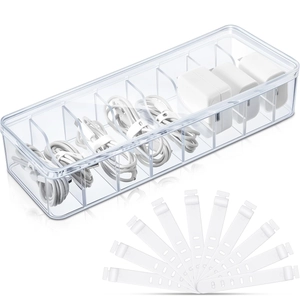Transparent 8 Grids Cable Organizer Box With Lid Desktop Data Cable Storage Case With Silicone Ties For Office Home Wire Management